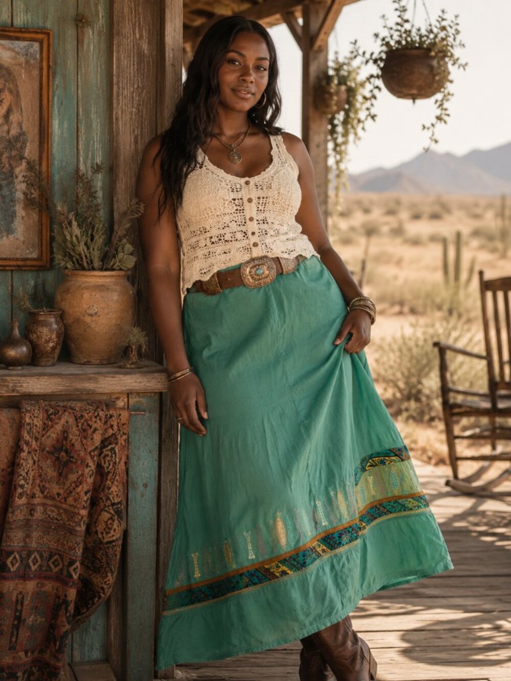 Vintage Embroidered Teal Maxi Skirt - Western Vibes